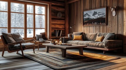Cozy lounge area with wooden walls featuring a rustic coffee table, chair, and couch
