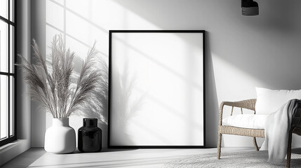 Mockup. Modern Minimalist Room with Empty Frame, White Chair, and Decorative Vase