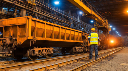 Railway worker supervising cargo train in loading bay