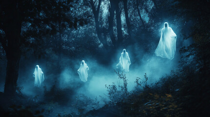 Three ghostly apparitions float outside a spooky, abandoned house surrounded by thick fog, creating a chilling haunted scene.
