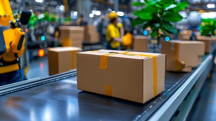 Cardboard boxes glide along a conveyor belt, the rhythm of logistics and distribution humming.