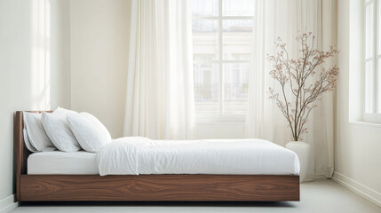 A serene bedroom setup showcasing a wooden bed with white bedding and natural light from large windows