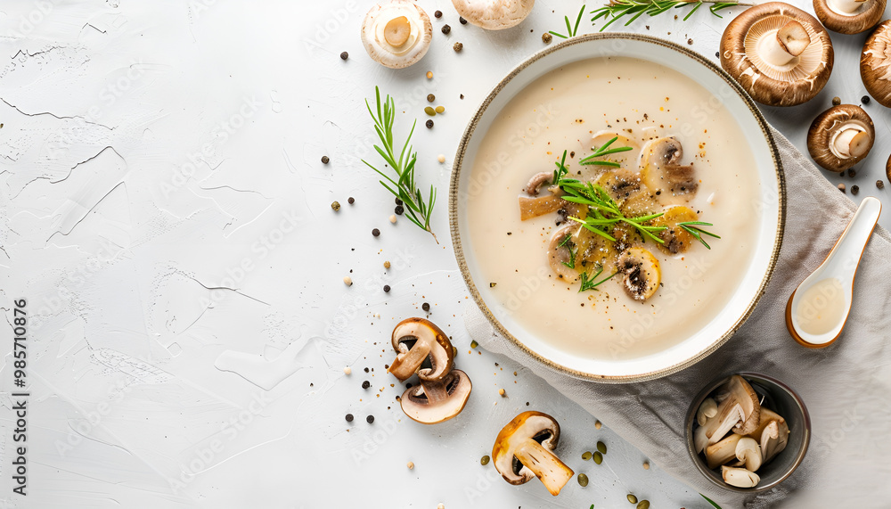 Wall mural Mushroom soup close up with ingredient on white background, top view, copy space