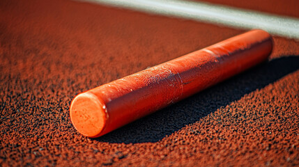 Close-up of a multicolored relay baton resting on a red track surface, symbolizing teamwork and athletic competition.
