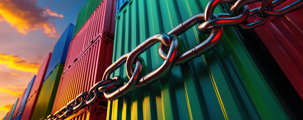 Shipping containers locked down by chains labeled Trade Quotas, trade restriction, economic limitations concept