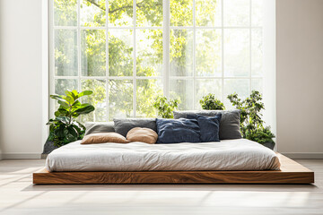 Sunlit bedroom featuring a minimalist wooden bed surrounded by lush greenery and soft cushions during the morning