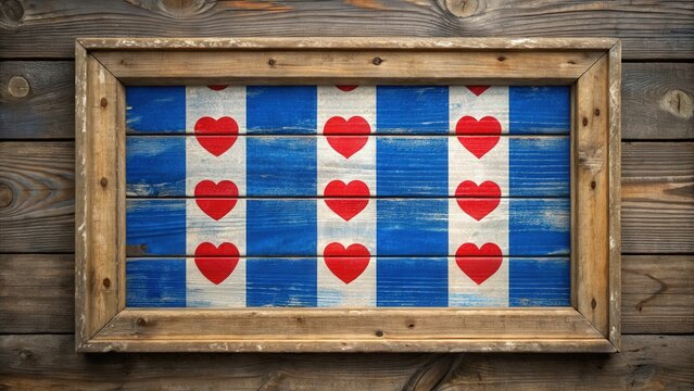 Flag of Friesland painted on rustic wooden frame for patriotic decor