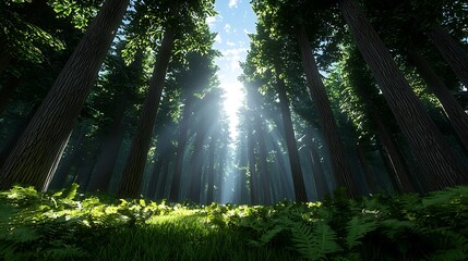 Obraz premium Tall trees bathed in sunlight form a lush forest, the beams filtering through their leaves.