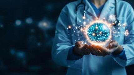 Doctor holding glowing globe digital health technology concept
