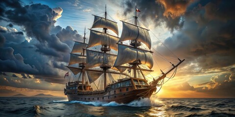 Fototapeta premium Classic pirate ship with a skull figurehead sailing on the high seas