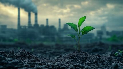 A small green plant is growing in a field next to a large factory. The plant is surrounded by dirt and smoke from the factory