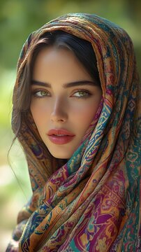 A young woman with long, dark hair gazes intently at the camera, her emerald eyes captivating. She wears a colorful headscarf that adds a touch of mystery and elegance.