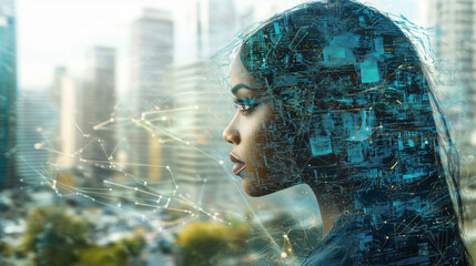 Side view of a businesswoman with a digital overlay of a computer circuit board