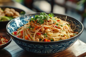 A bowl of glass noodles with vegetables, peanuts, and cilantro.