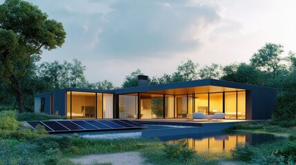 Fototapeta premium Modern home with sleek solar panels, surrounded by nature, illustrating renewable energy. Ample copy space