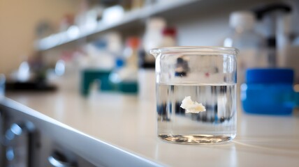 Close-up of glass beaker with clear liquid and floating indicator showing high lead levels, set on white countertop with copy space for text or design.
