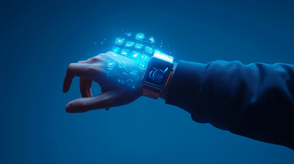 A person is holding a smart watch with a blue screen. The watch is displaying a futuristic design with a blue background