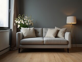 Loft white sofa at Studio apartment, loving interior design of modern living room.