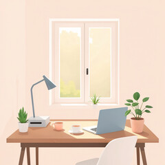 Fototapeta premium Minimalistic home office desk setup with laptop and plants and warm sunlight from window