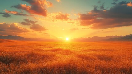 A breathtaking sunset over a vast field, with a dramatic sky and a silhouetted mountain range in the distance.
