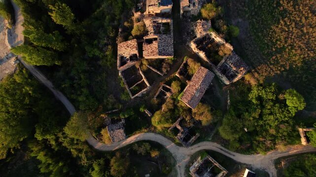 Aerial view of Barcena de Bureba, an ancient ghost town in Burgos province, Castile and Leon, Spain. High quality 4k footage