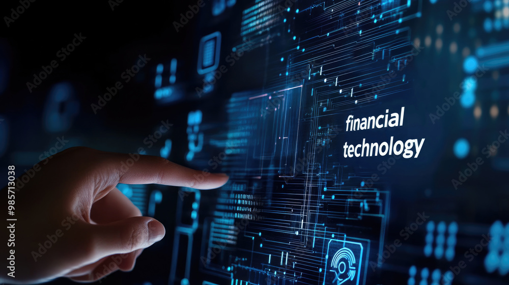 Poster a hand pointing at the electronic screen with circuit board patterns and digital elements, creating 