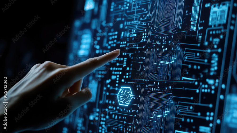 Poster a hand pointing at the electronic screen with circuit board patterns and digital elements, creating 