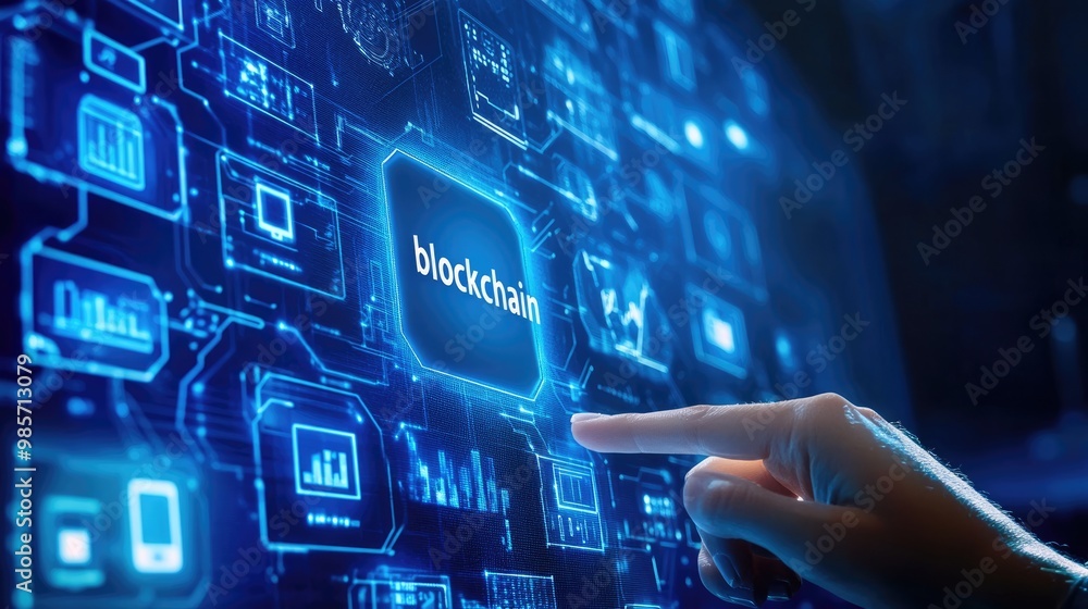 Aufkleber a hand touching an icon of digital financial technology, with the word 