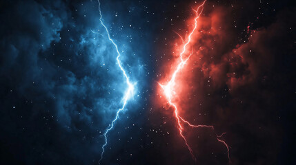 Red and blue glowing shapes facing each other with energy and lightning