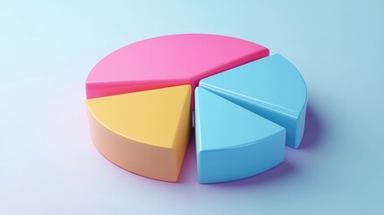 Obraz premium 3D pie chart divided into four sections, pink, blue, yellow on a light blue background.