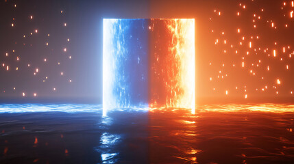 Blue and red lightning bolt striking between two squares creating a stormy ocean