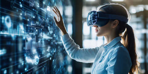Businesswoman wearing vr headset interacting with digital data visualizations