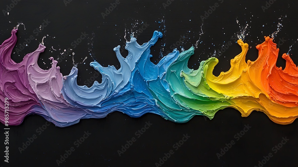 Poster rainbow-colored paint splashes across a black background in a vibrant display of abstract art.
