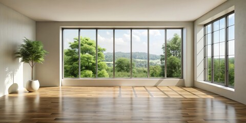 Fototapeta premium Empty minimalist living room with large window, letting in natural light