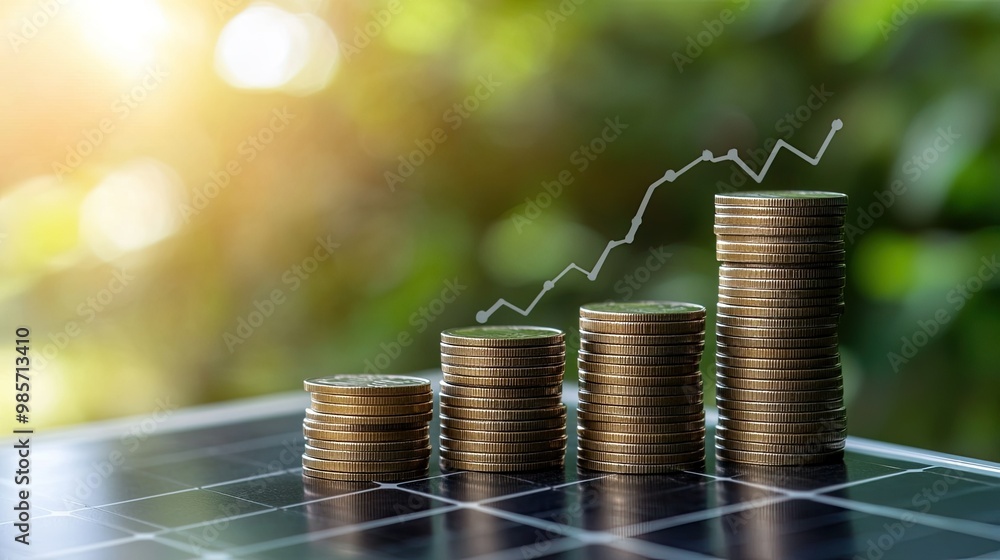 Poster solar panel in front of a coin stack and graph showing rising savings, demonstrating cost-effectiven