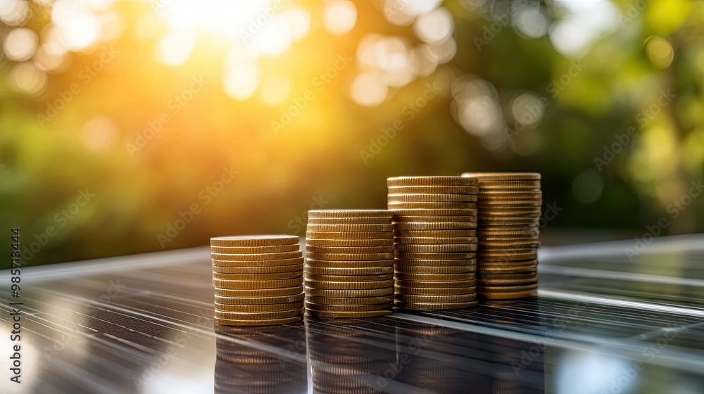 Poster Solar panel in front of a coin stack and graph showing rising savings, demonstrating cost-effectiveness. Copy space available.