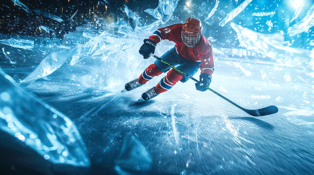 The concept of an ice hockey sports competition. A hockey player in a protective uniform is skating on the ice with a stick in his hands. The image conveys an atmosphere of excitement and action