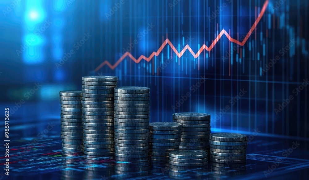 Poster background of financial growth with stacks of coins and a rising graph, an upward-pointing arrow on 