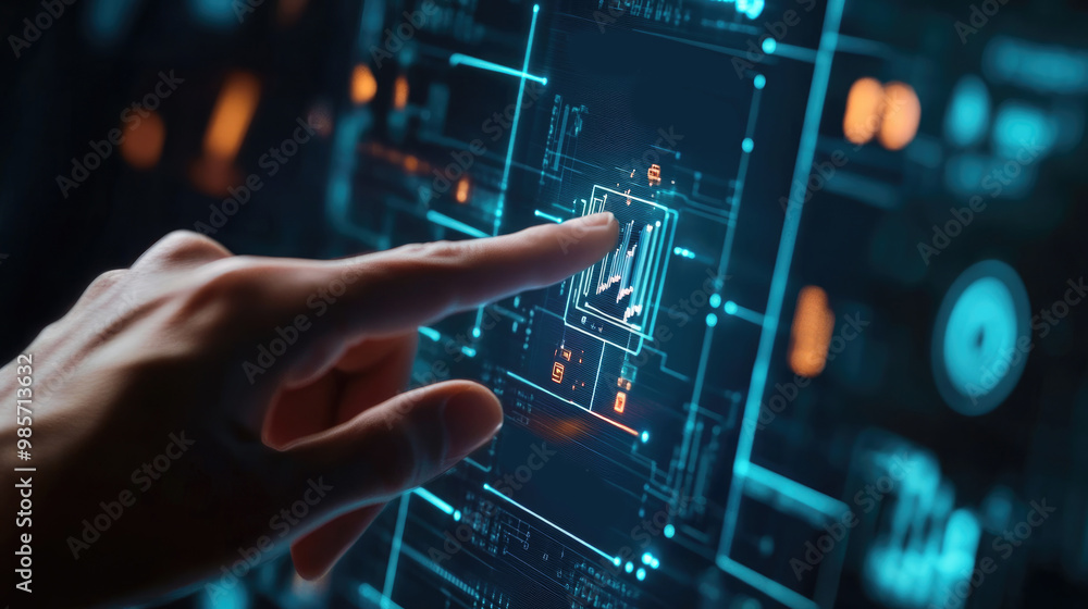 Poster fintech concept with hand touching a digital screen displaying ,generative ai