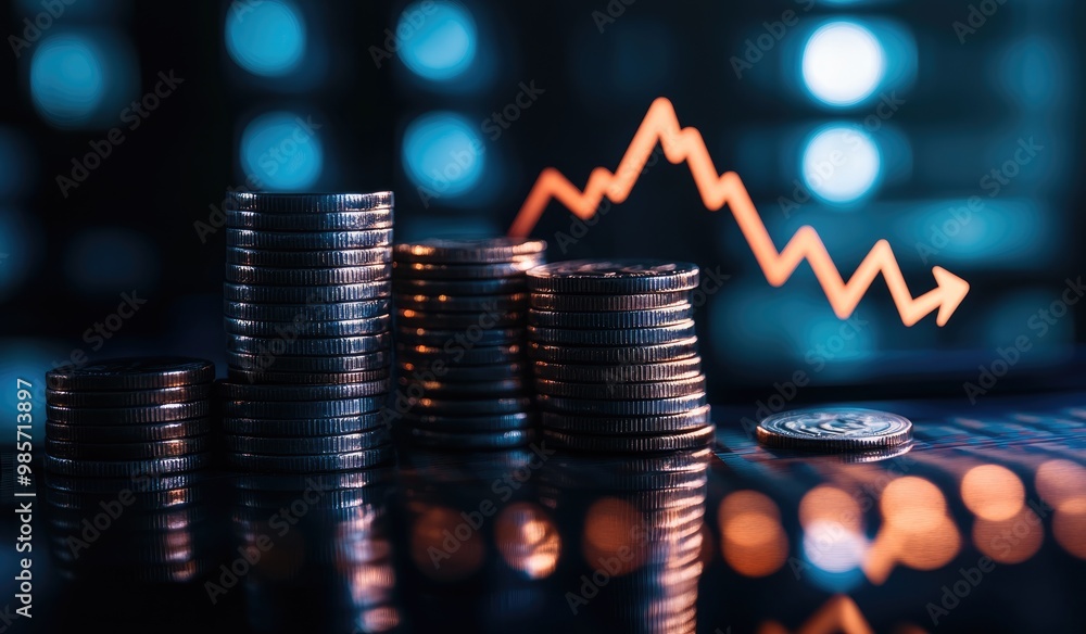 Poster stock market graph and stacks of coins with an arrow pointing up on a dark background, a financial g