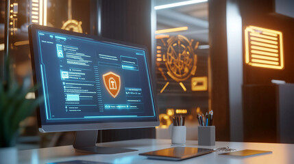 A computer monitor displays a map with a green circle and a black lock symbol. Concept of security and protection, as the lock symbolizes a secure system or network. The presence of the laptop