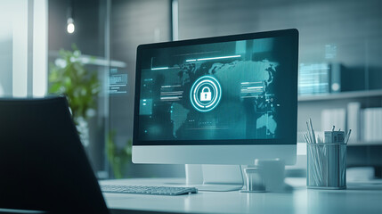 A computer monitor displays a map with a green circle and a black lock symbol. Concept of security and protection, as the lock symbolizes a secure system or network. The presence of the laptop