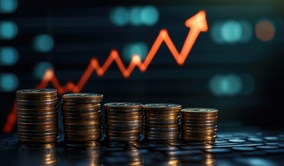 stock market graph and stacks of coins with an arrow pointing up on a dark background, a financial growth concept for a business idea. ,generative ai