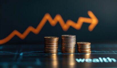financial growth graph and coins on a dark background, with a stock market chart showing a rising arrow up ,generative ai