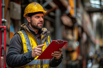 Construction Engineer with Clipboard Pointing Up in Safety Gear