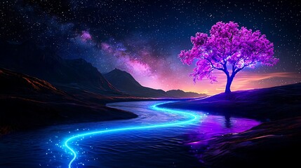 A glowing pink tree lights up the night, its reflections shimmering in a magical river.