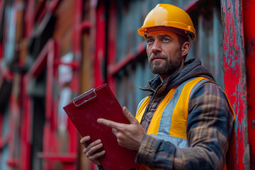 Construction Engineer with Clipboard Pointing Up in Safety Gear