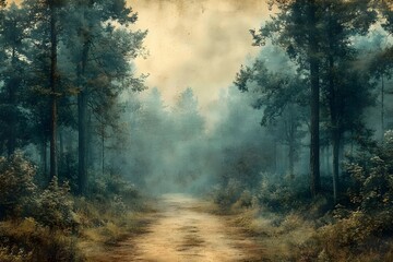 Obraz premium A mysterious dirt path winds through a dense, misty forest. The fog obscures the trees in the distance, creating a sense of wonder and intrigue.