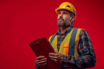 Construction Engineer with Clipboard Pointing Up in Safety Gear