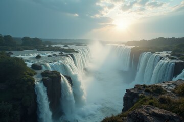 Iguazu Falls With Cascading Waters And Lush Greenery